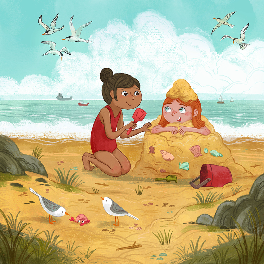 Girls at the beach playing in sand ; seagulls and crabs