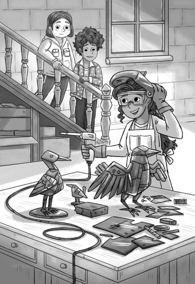 boys-visit-sister-making-metal-art-in-the-basement-greyscale-middle-grade