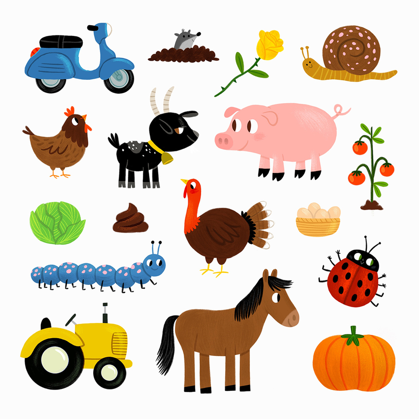Beatrice-Tinarelli-farm-animals-composition-samples-country-horse-vespa-turkey-snail-ladybird.jpeg