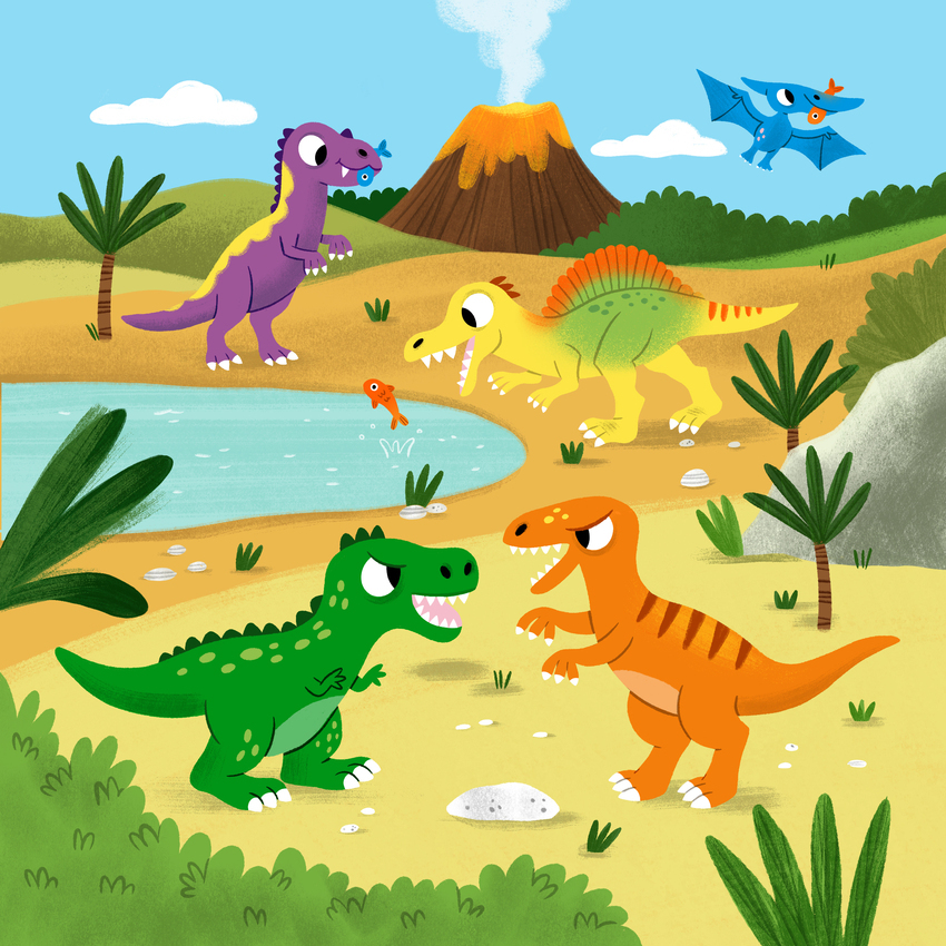 Dinosaurs-dino-trex-prehistoric-volcano-prehistory-fight-fish-fishing
