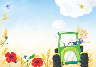 character-girl-tractor-field-poppy-butterfly-grasshopper-spider-jpg