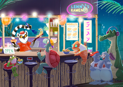 mats-picturebook-spread-ramen-animals-lemur-cook-frog-turtle-chameleon-siblings-seal-crocodile-neon-noodles-jpg