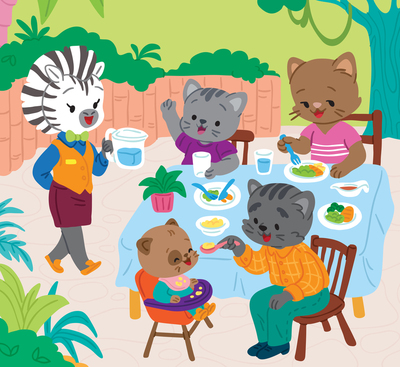 cat-family-eating-restaurant-mother-children-grandpa-zebra-waiter-manners-jpg