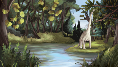 dinosaur-in-forest-near-lake
