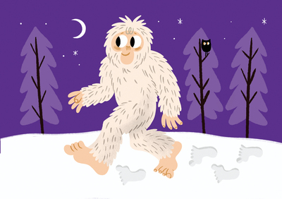 bigfoot-cartoon-snow-cute-footprints-owl-woods-fairytales-fantasy-monster