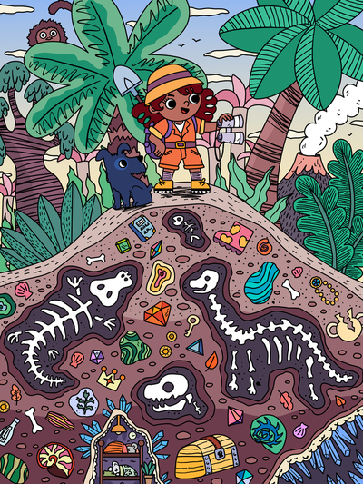 explorer-archeology-paleontology-volcano-dinosaur-dino-fossil-treasure-gem-crystal-jungle-adventure-girl-archeologist-skeleton-nature-prehistoric-bone