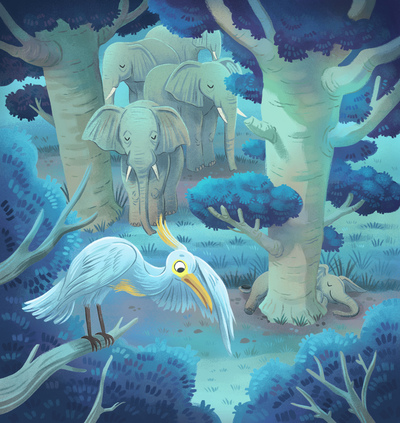 elephant-night-sleeping-animals-bird-trees-africa-jpg