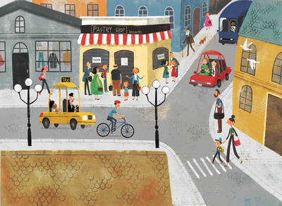taxi-city-street-car-diversity-children-people-man-woman-shops