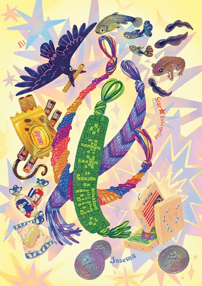 objects-animals-friendship-brcelet-crow-food-snacks-fish-frog-coins-colourful-jpg