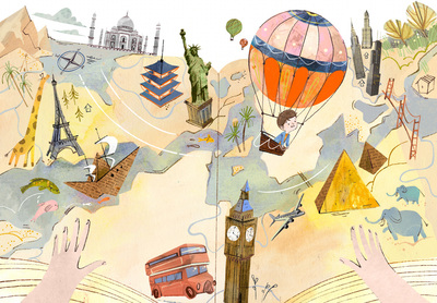 map-world-air-ballon-boy-pyramids-tower-travel