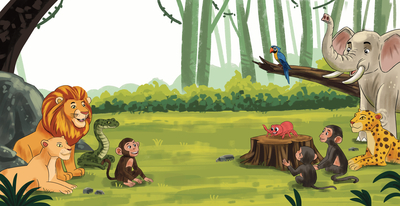 jungle-animals-gathering-in-a-forest-clearing-to-watch-a-small-red-spider-on-a-tree-stump-jpg
